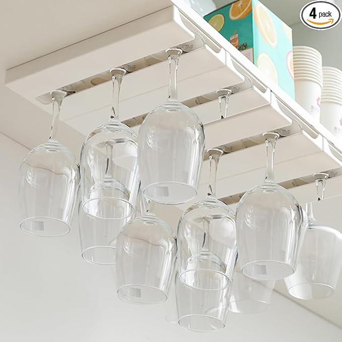 4 Pcs Wine Glass Holder Under Shelf or Cabinet Punch-free,Stemware Rack Glassware Drying Storage Hanger for Kitchen,Bar and Restaurant (White) 