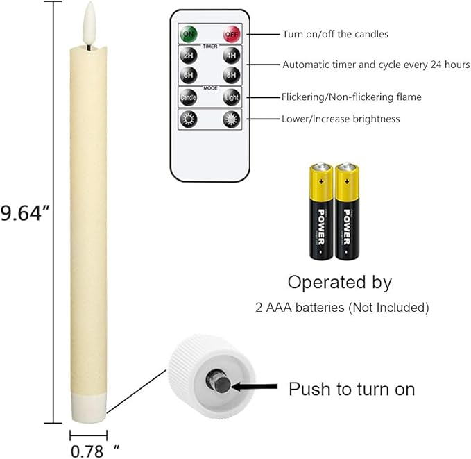 GenSwin Flameless Flickering Taper Candles with 2 Remote Controls and Timer, Real Wax 3D Wick Light Window Candles Battery Operated Pack of 8, Christmas Home Wedding Decor(Ivory, 0.78 X 9.64 Inch)