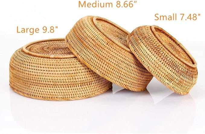 Hadewoven Round Rattan Fruit Basket Wicker Food Tray Weaving Storage Holder Dinning Room Bowl, 9 Inch Woven Bread Basket Key Bowls with 3.5”Wall for Table, Countertop (Medium 8.66")