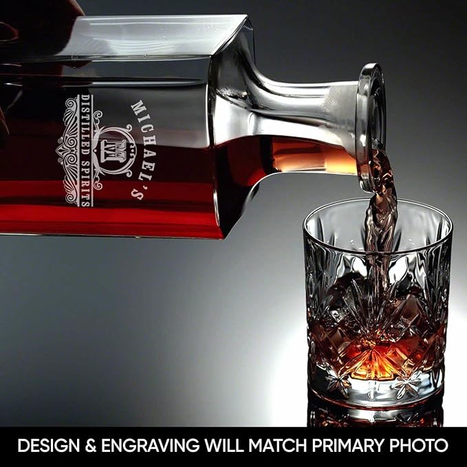 Personalized Whiskey Decanter Set with 4 Glasses and Custom Wood Box - 9 Design Options - Bourbon Glass Set
