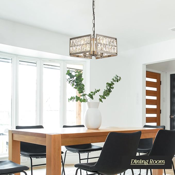 12” 4-Light Modern Crystal Chandeliers Nickel Dinning Room Light Fixture, Square Pendant Light Kitchen Island Chandelier, Flush Mount Ceiling Light for Living Room Entryway Bedroom Foyer