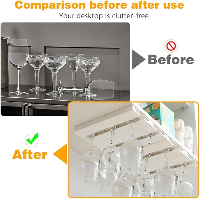 4 Pcs Wine Glass Holder Under Shelf or Cabinet Punch-free,Stemware Rack Glassware Drying Storage Hanger for Kitchen,Bar and Restaurant (White) 