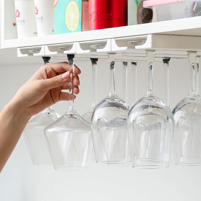 4 Pcs Wine Glass Holder Under Shelf or Cabinet Punch-free,Stemware Rack Glassware Drying Storage Hanger for Kitchen,Bar and Restaurant (White) 