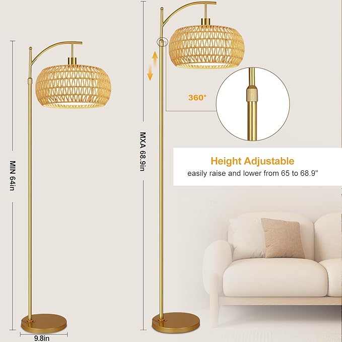 Gold Floor Lamps for Living Room Rattan Boho Floor Lamp with Remote Control,Dimmable Arc Floor Lamp Wicker LampShades Brass Standing Lamp with 3 Color Temperature Tall Floor Lamps For Bedroom Corner