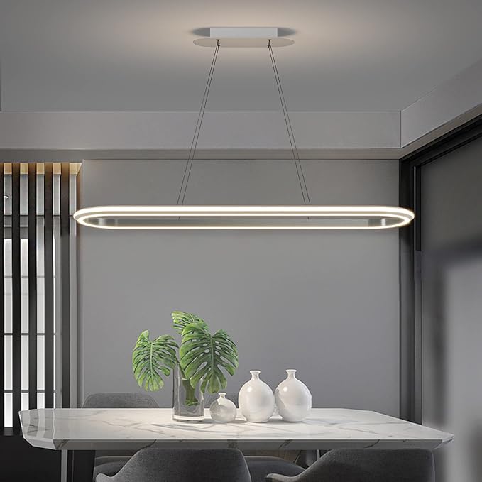 Island Lights, Linear Pendant Light LED Dimmable Hanging Light Fixture, 3000K-6000K with Remote Control,Chandeliers for Dining Room(Silver,43.3IN)