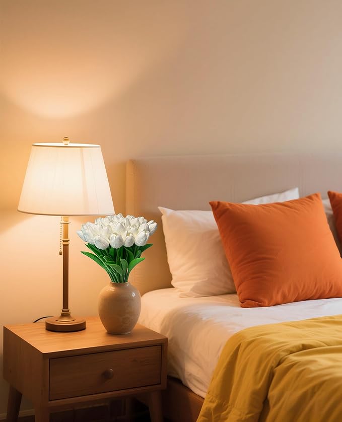 15pcs White Tulips PU Artificial Flowers Real Touch Fake Tulips for Spring Easter Home Kitchen Wedding Bouquet Bulk Mother's Gift Day Decorations