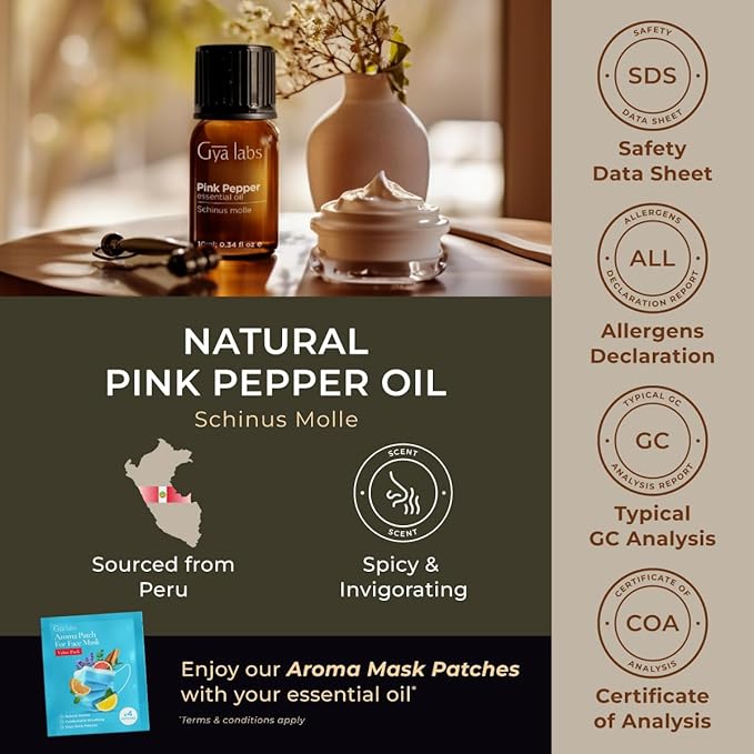 Gya Labs Pink Pepper Essential Oil for Skin - 0.34 Fl Oz - 100% Pure Natural Pink Pepper Oil for Diffuser, Face, Massage Aromatherapy ,DIY & Candle Making Scent