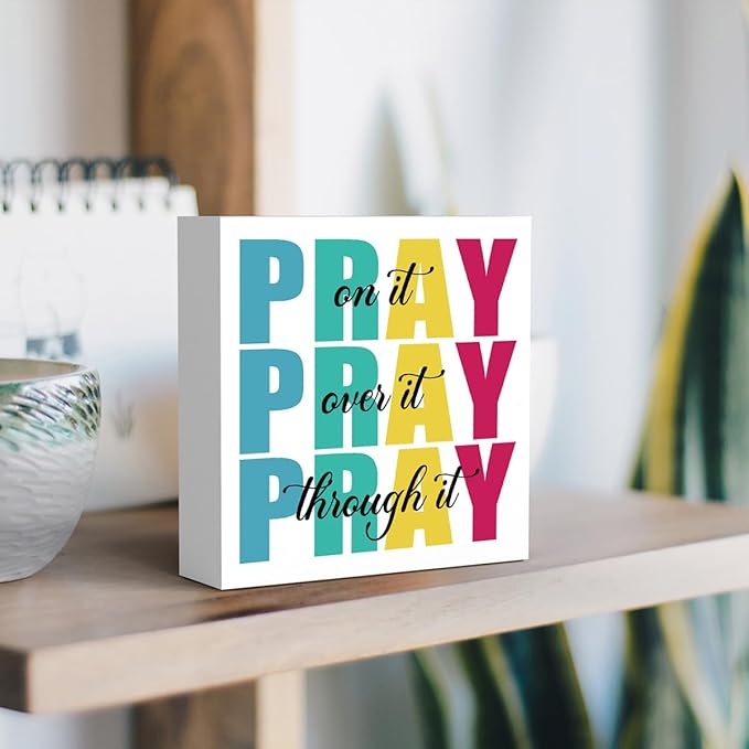 Office Decor for Women Christian Gifts Desk Bedroom Bible Verse Wall Art Inspirational Wooden Box - Pray on It Over It Through It