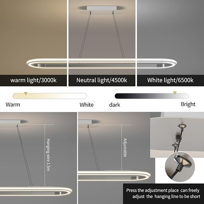 Island Lights, Linear Pendant Light LED Dimmable Hanging Light Fixture, 3000K-6000K with Remote Control,Chandeliers for Dining Room(Silver,43.3IN)