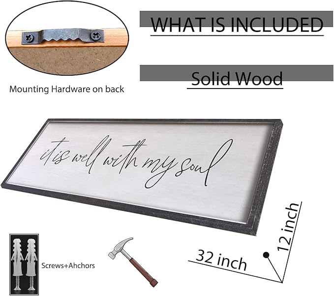 It Is Well With My Soul Wall Decor 32"x12" Bible Verse Christian Scripture Wood Framed Art Sign for Master Bedroom Living Room(Black)
