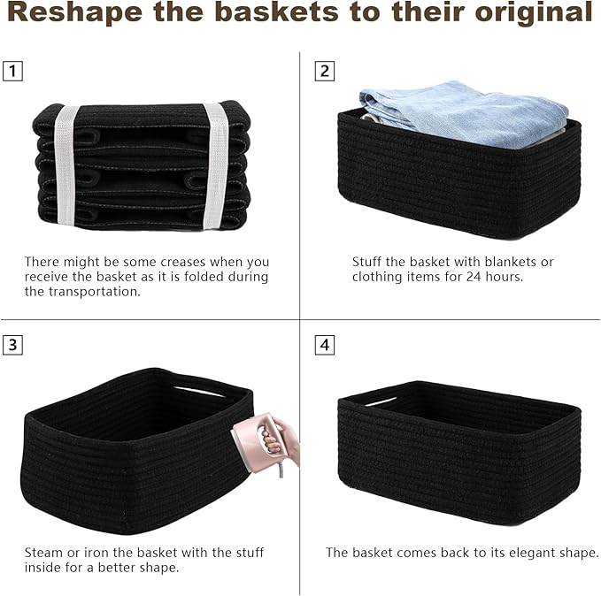 3 Pack Small Storage Baskets for Organizing, Cute Woven Decorative Gift Baskets for Shelves, Mini Closet Organizer Bins with Handles, 11.81''Lx7.87''Wx4.72''H-Black