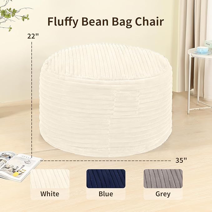 Memory Foam Bean Bag Chair for Adults/Teens, Bean Bag Sofa with Fluffy Removable Cover, for Living Room Bedroom, 3FT White