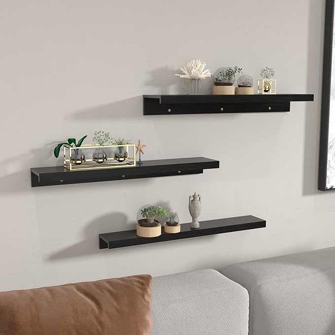 Giftgarden 47 Inch Black Floating Shelves Ledge, Wall Mount Long Picture Rail Large Woodgrain Photo Shelving for Living Room Bedroom Office, Set of 3 Different Sizes