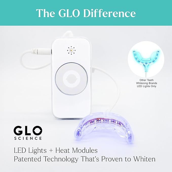 GLO Science So Brilliant Teeth Whitening Kit – Patented Warming Mouthpiece with LED Light Technology, Whitening Gel w/ 6% Hydrogen Peroxide, Lip Balm – Fastest Way to Whiter Teeth, Sensitivity Free