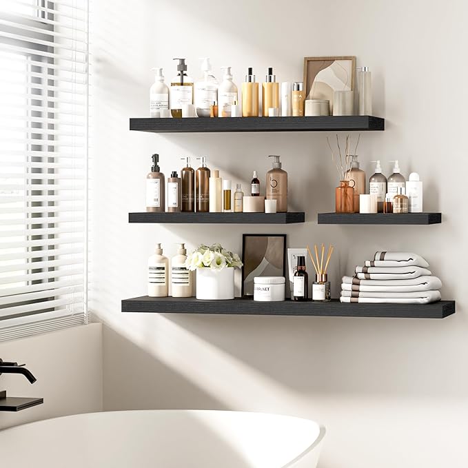 Fun Memories Floating Shelves - 12 Inch Rustic Wooden Wall Shelves - Extra Deeper & Thicker Wall Mounted Storage Shelf for Living Room, Kitchen, Farmhouse - 48" W x 12" D x 1.8" H - Rustic Black