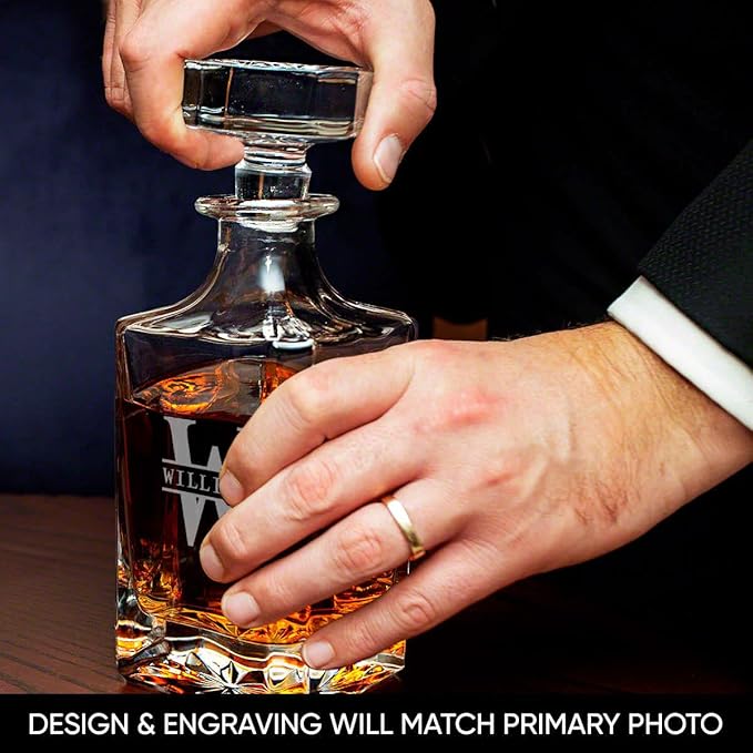 Personalized Whiskey Decanter Set with 4 Glasses and Custom Wood Box - 9 Design Options - Bourbon Glass Set