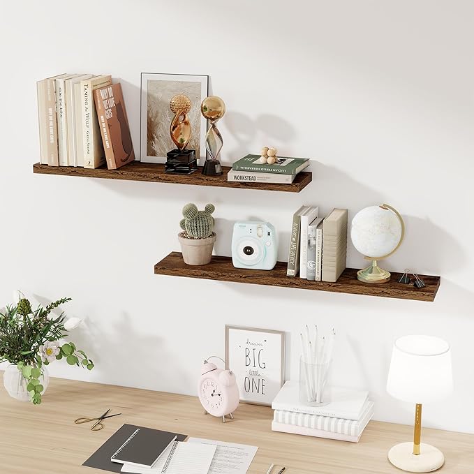 36Inch Floating Shelves for Wall 2 Pack Wood Shelves for Kitchen, Bathroom, Bedroom Wall Mounted Rustic Wood Floating Shelf with Invisible Brackets for Books, Storage, Decor, Rustic Brown