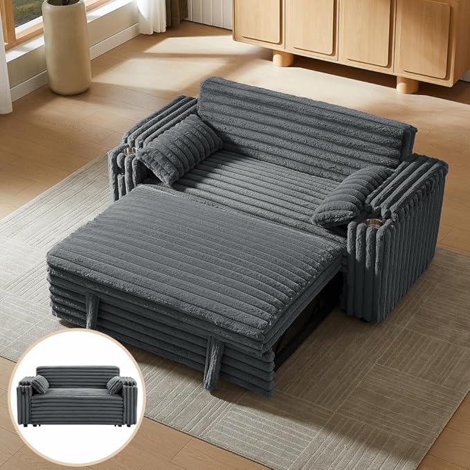 68.11" Corduroy Convertible Sofa Bed with USB Charging Port, Foldable Sleeper Chair with Pillows & Armrests, 3-in-1 Floor Couch for Living Room, Bedroom, Guest Room – Dark Gray