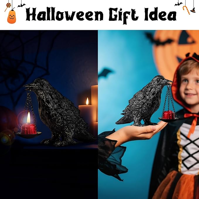 Gothic Crow Lamp Tealight Candle Holder Raven Statue for Indoor Outdoor Decor Halloween Garden Resin Statue Black Stone