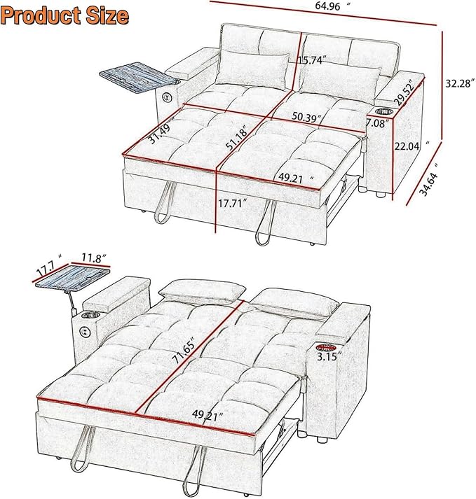 Large Size Convertible Sleeper Sofa Bed,Polka dot Velvet Pull Out Futon Couch with Storage handrails & Rotating Side Tables,Convertible Sofa Couch for Living Room,RV