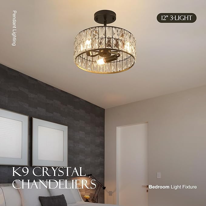 12β 3-Light Modern Crystal Chandeliers Black Dinning Room Light Fixture with Two Poles, Round Pendant Light Kitchen Island Chandelier, Flush Mount Ceiling Light for Living Room Entryway