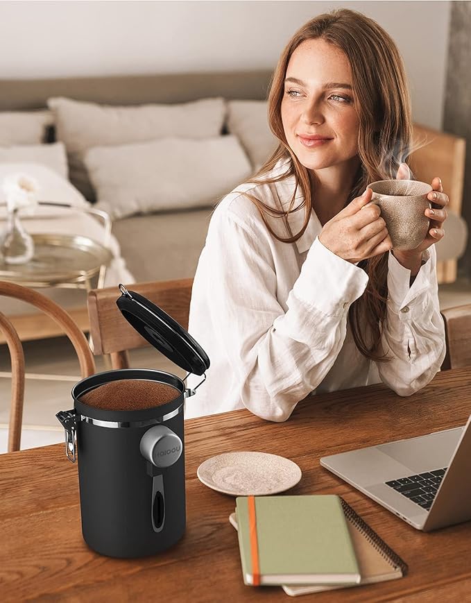 HAIOOU Airtight Coffee Canister, 16OZ Small Stainless Steel Coffee Bean Storage Container with Date Tracker, Measuring Scoop, CO2 Releasing Valves and Mini Tongs for Beans, Grounds and more - Black