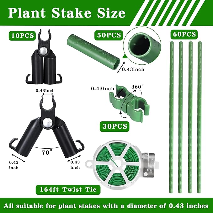 Garden Stakes 60 Pack, 16 Inch Each, DIY 3ft 4ft 5ft 6ft 7ft Sturdy Steel Plant Stakes with 50 Connectors, 30 Rotatable Clips, 10 A-Type Connecting Pipe and 164 Feet Twist Tie for Climbing Plants