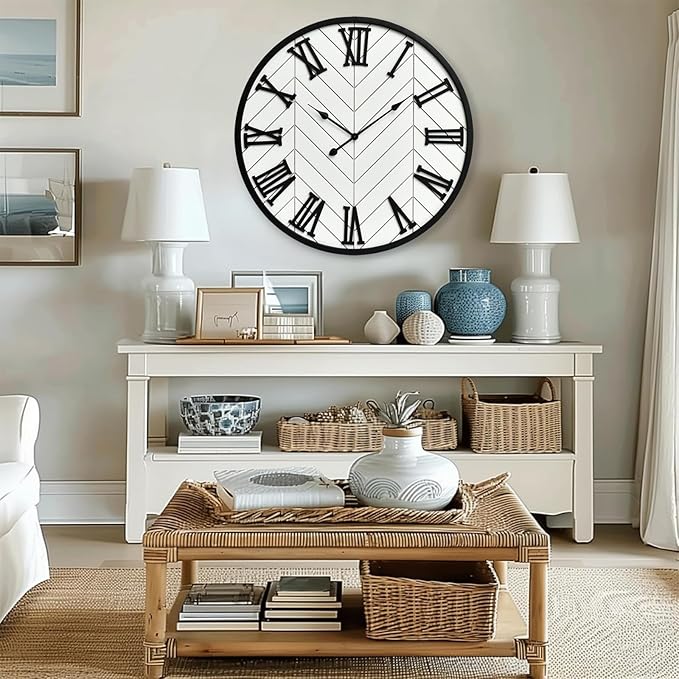 30 Inch Large Wall Clock Farmhouse Style - White Silent Non-Ticking Rustic Decor for Living Room, Kitchen, Bedroom