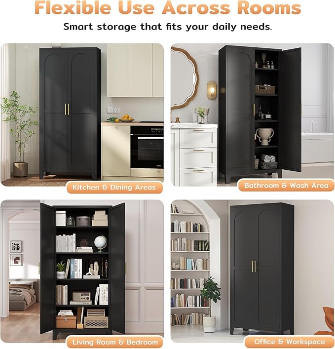 70.87" H Metal Kitchen Pantry Cabinet, Freestanding Cupboard with 2 Doors and 4 Adjustable Shelves, Tall Metal Storage Cabinet for Kitchen, Bathroom, Dinning Room or Laundry Room (Black)