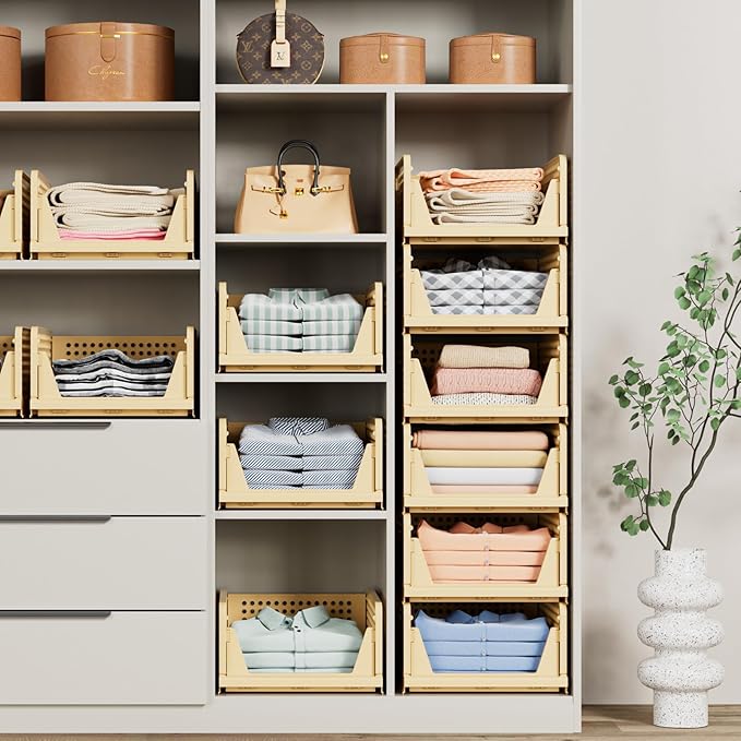 5 Pack Stackable Closet Storage Basket - Stackable Storage Bins, Multifunctional & Foldable Closet Organizer, Wardrobe Cupboard Space-Saving Hat Storage Drawer Organizer, Yellow