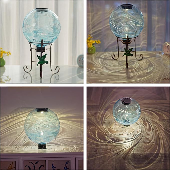10 Inch Solar Glass Gazing Ball, with 9.4" Tall Metal Gazing Globe Stand, Solar Ball Lights Display Holder Set for Outdoor Garden Lawn Yard Decoration, Blue Water Ripple