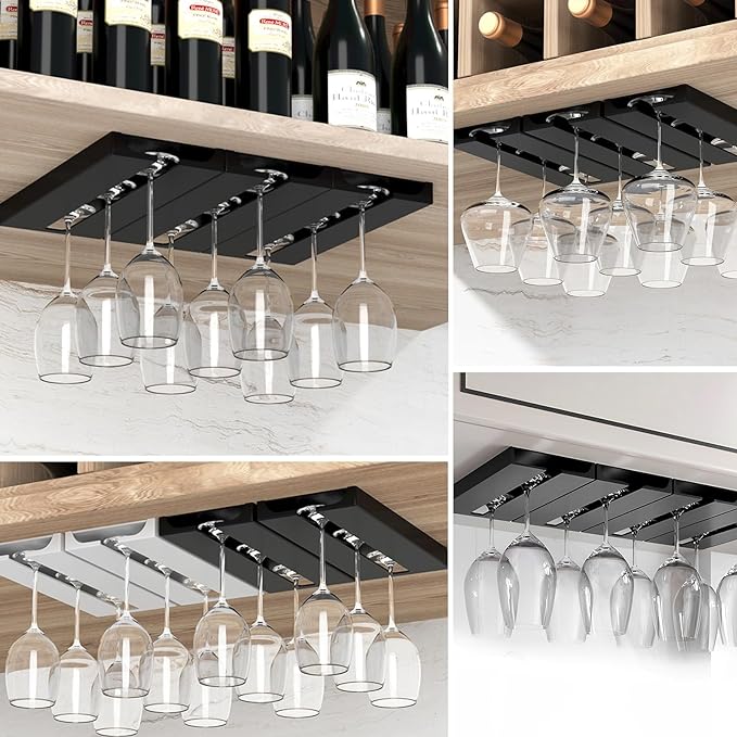 4 Pcs Wine Glass Holder Under Shelf or Cabinet Punch-free,Stemware Rack Glassware Drying Storage Hanger for Kitchen,Bar and Restaurant (White) 