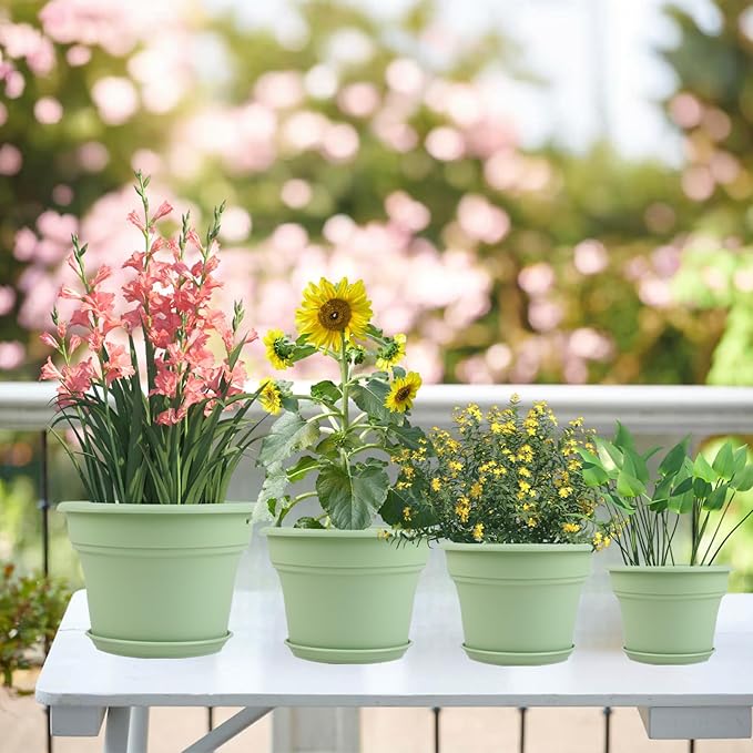 6 Inch Plastic-Flower Pot-for-Indoor Plants, 6 Pack Outdoor Plant Pots with Drainage Holes & Saucers, Resin Garden Pots Planters