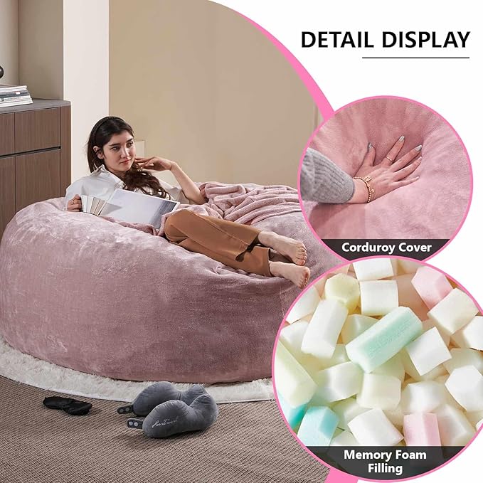 6FT,Oversized Bean Bag Chairs for Adults,Giant beanbag with Filler Included,Fluffy Memory Foam,Soft and Comfy Corduroy Fabric,Gaming Chairs Suitable for Living Room and Bedroom (Pink, 6 Foot)