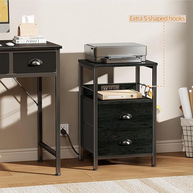 Furologee Nightstand Set of 2, Black Oak, with Charging Station and USB Ports, Side Tables with 2 Fabric Drawers, Bedside Tables with Storage Shelf & Hooks, for Living Room/Bedroom
