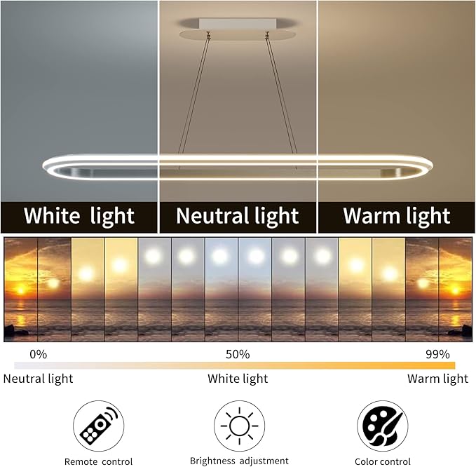Island Lights, Linear Pendant Light LED Dimmable Hanging Light Fixture, 3000K-6000K with Remote Control,Chandeliers for Dining Room(Silver,43.3IN)
