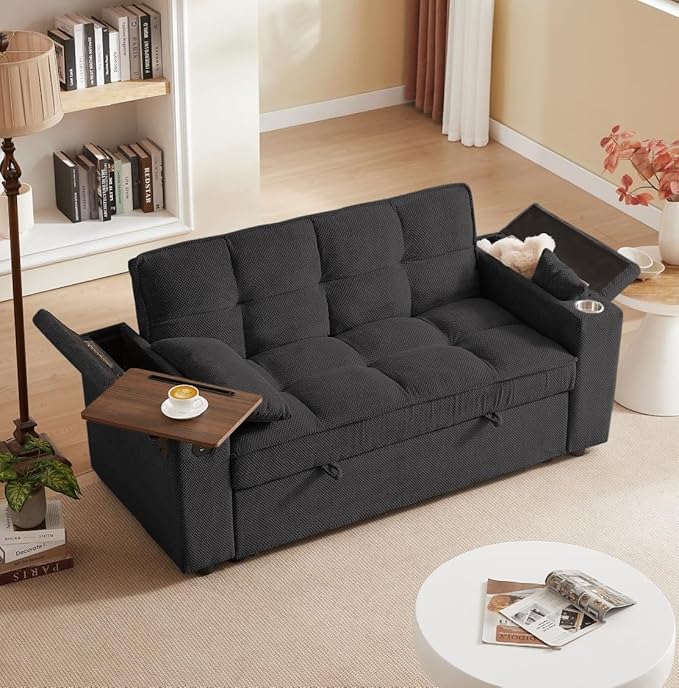 Large Size Convertible Sleeper Sofa Bed,Polka dot Velvet Pull Out Futon Couch with Storage handrails & Rotating Side Tables,Convertible Sofa Couch for Living Room,RV