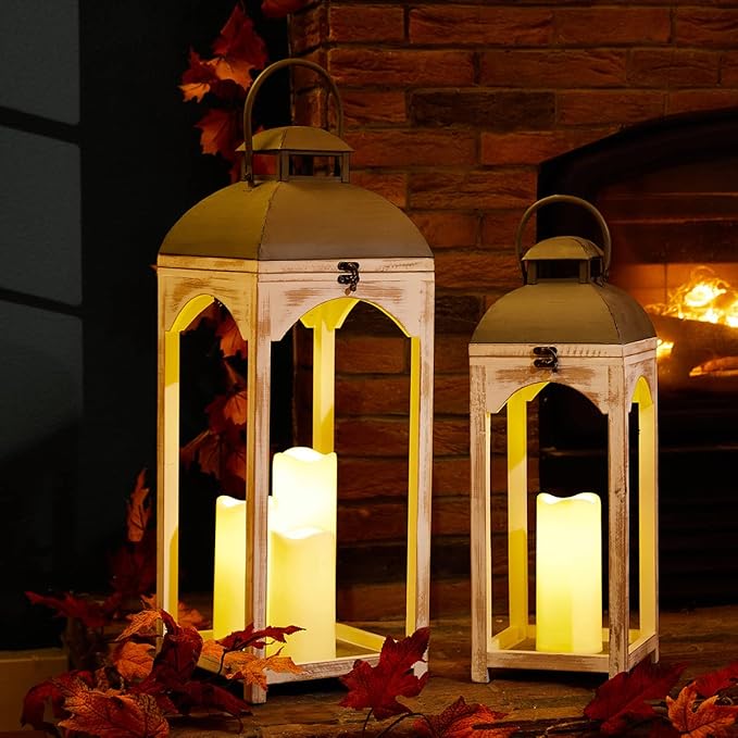 Glitzhome Set of 2 Mondern Farmhouse Wood Metal Lanterns Decorative Candle Lanterns, White (No Glass)