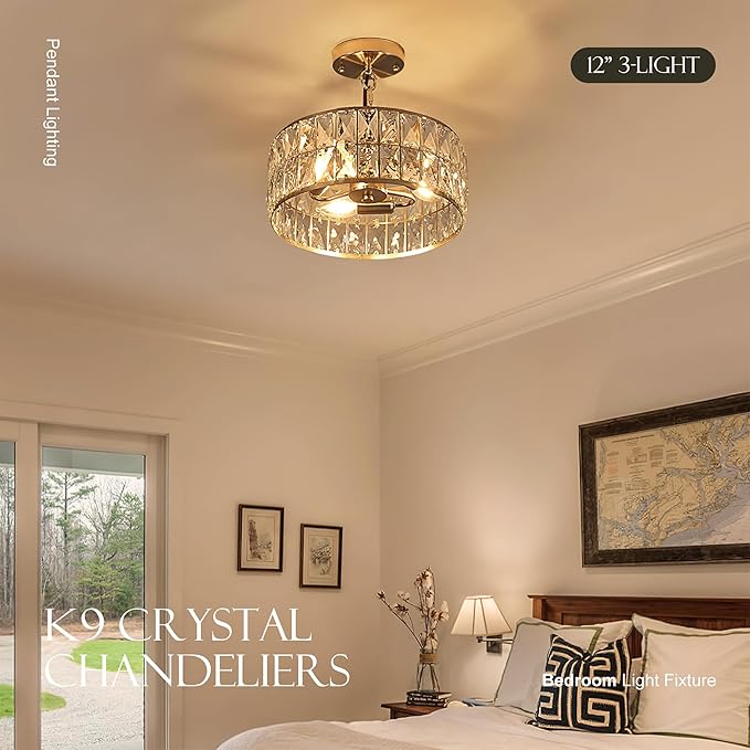 12β 3-Light Modern Crystal Chandeliers Nickel Dinning Room Light Fixture, Round Pendant Light Kitchen Island Chandelier, Flush Mount Ceiling Light for Living Room Entryway Bedroom Foyer