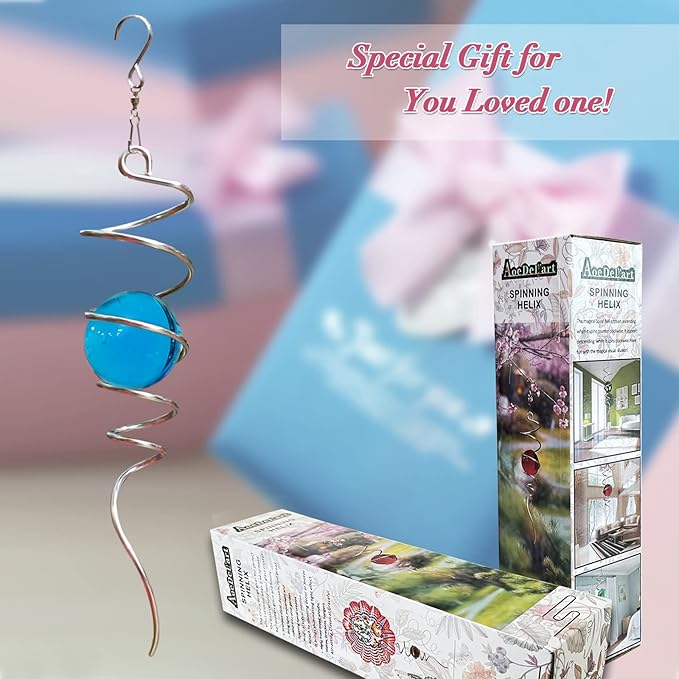 Gazing Ball Spiral Decorative Wind Spinner Tail with Blue Glass Orb,Wind Spinner Spiral Stabilizer,Hanging Visual Illusion in Spinning Yard Art Decor,Indoor Outdoor Garden Decoration-13 in