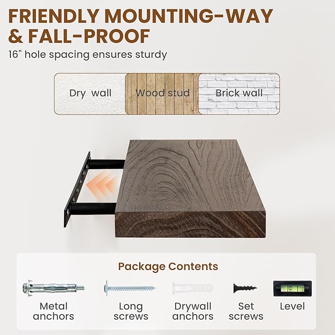 Fun Memories Rustic Elm Wood Floating Shelves for Wall, 48" Floating Shelf Wall Mounted, Long Floating Disply Shelf with Heavy-Duty Bracket for Living Room, Kitchen, Bathroom, Walnut Color, Set of 1