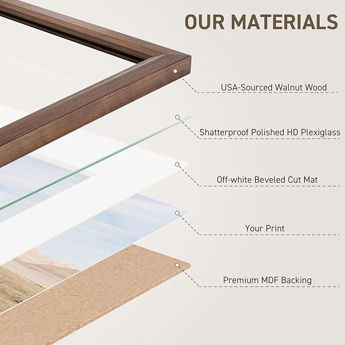 24x36 Poster Frame Natural Solid Walnut Photo Frames with 20x30 Removable Mat Wall Hanging Large Handcrafted Frame with HD Plexiglass Wall and Tabletop Display Large Picture Frame