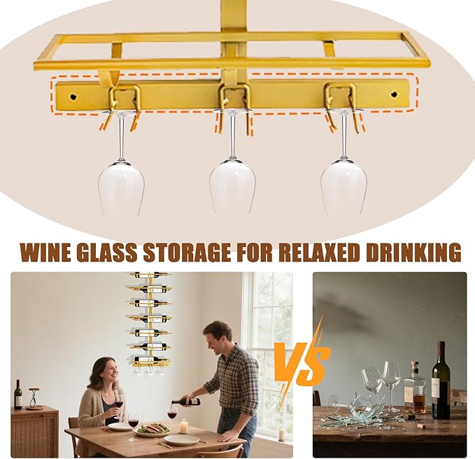 10 Bottle Wall Mount Wine Rack with Wine Glass Holder, Metal Wine Wall Rack, Wall Racks for Wine Bottles Display and Storage, Hanging Bottle Organizer for Living Dining Room Wine Cellar Bar (Gold)