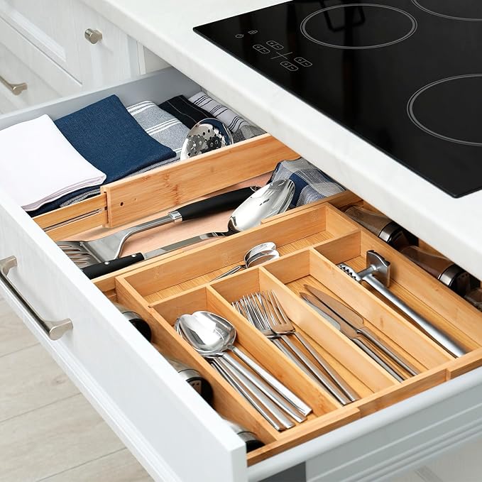 7 Pcs Adjustable Bamboo Drawer Dividers Expandable Drawer Organizers Cutlery Tray Spring Separators Organization for Kitchen Bedroom Bathroom Dresser Office