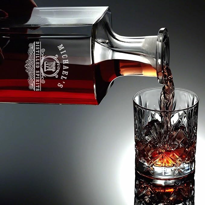 Personalized Whiskey Decanter Set with 4 Square Rocks Glasses - Gift Box Available