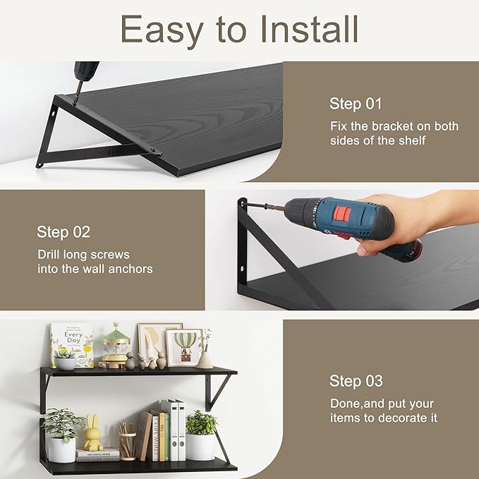 Fun Memories 40 Inch Floating Shelves, 10 Inch Deep Wall Shelf, 40 x 10 Floating Shelf Set of 2, Black Wood Floating Shelf Wall Mounted, Large Kitchen Living Room Bedroom Storage Shelves