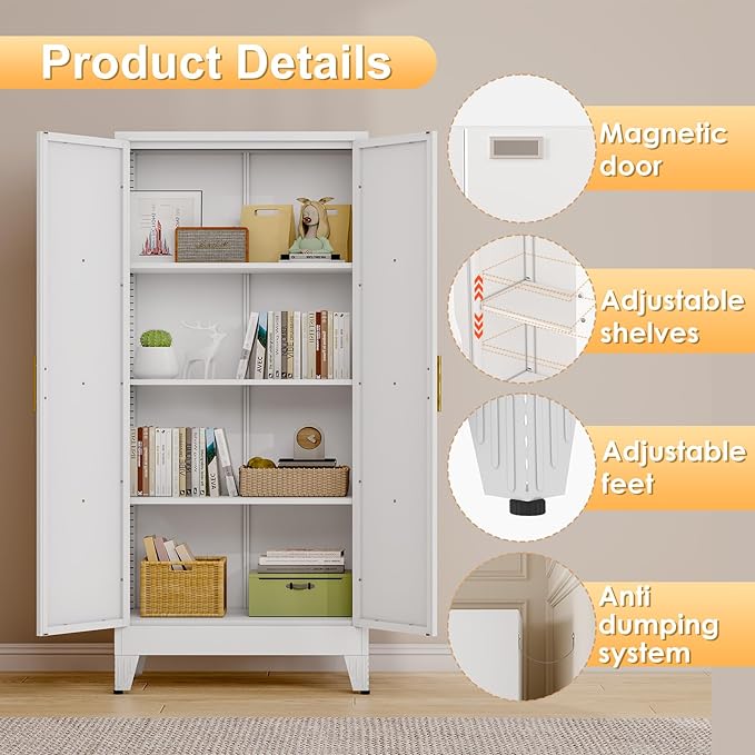 61" H Metal Kitchen Pantry Storage Cabinet, Freestanding Cupboard with 2 Doors and 3 Adjustable Shelves, Standing Storage for Kitchen, Bathroom, Garage, Dinning Room or Utility Room(White)