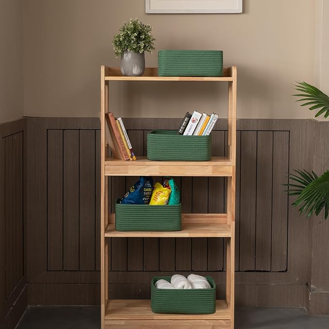 4 Pack Small Storage Shelf Baskets for Organizing, Mini Woven Rope Storage Bins for Towels, Cute Decorative Closet Organizer,Baby Nursery, Gift Empty Baskets -13''Lx8.66''Wx5.11''H-Green