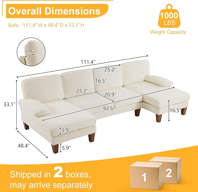 Karl home U-Shape Sectional Sofa Couch 111" Modern 4-Seat Sofa with Chaises Chenille Fabric Upholstered Covertible Couch with Wood Grain Legs for Living Room, Reception Room, Apartment, Beige