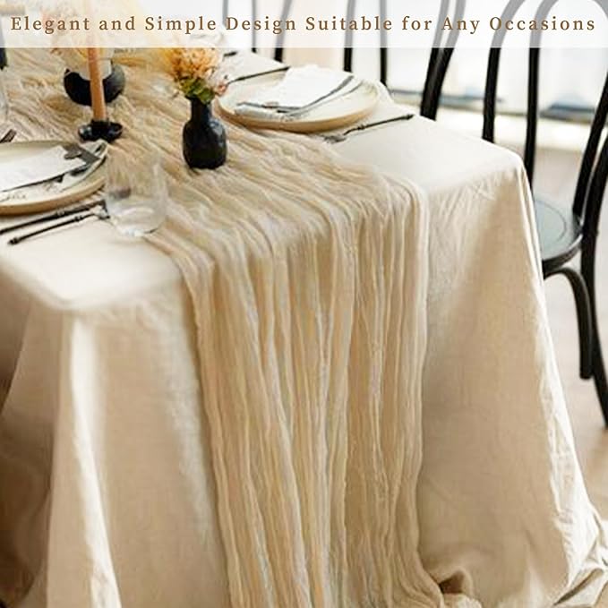 10FT 12 Pack Beige Cheesecloth Table Runner 20 x 120 Inch Long Rustic Gauze Fabric Cheese Cloth Table Runner for Wedding Bridal Baby Shower Table Decorations Boho Sheer Birthday Party Table Decor
